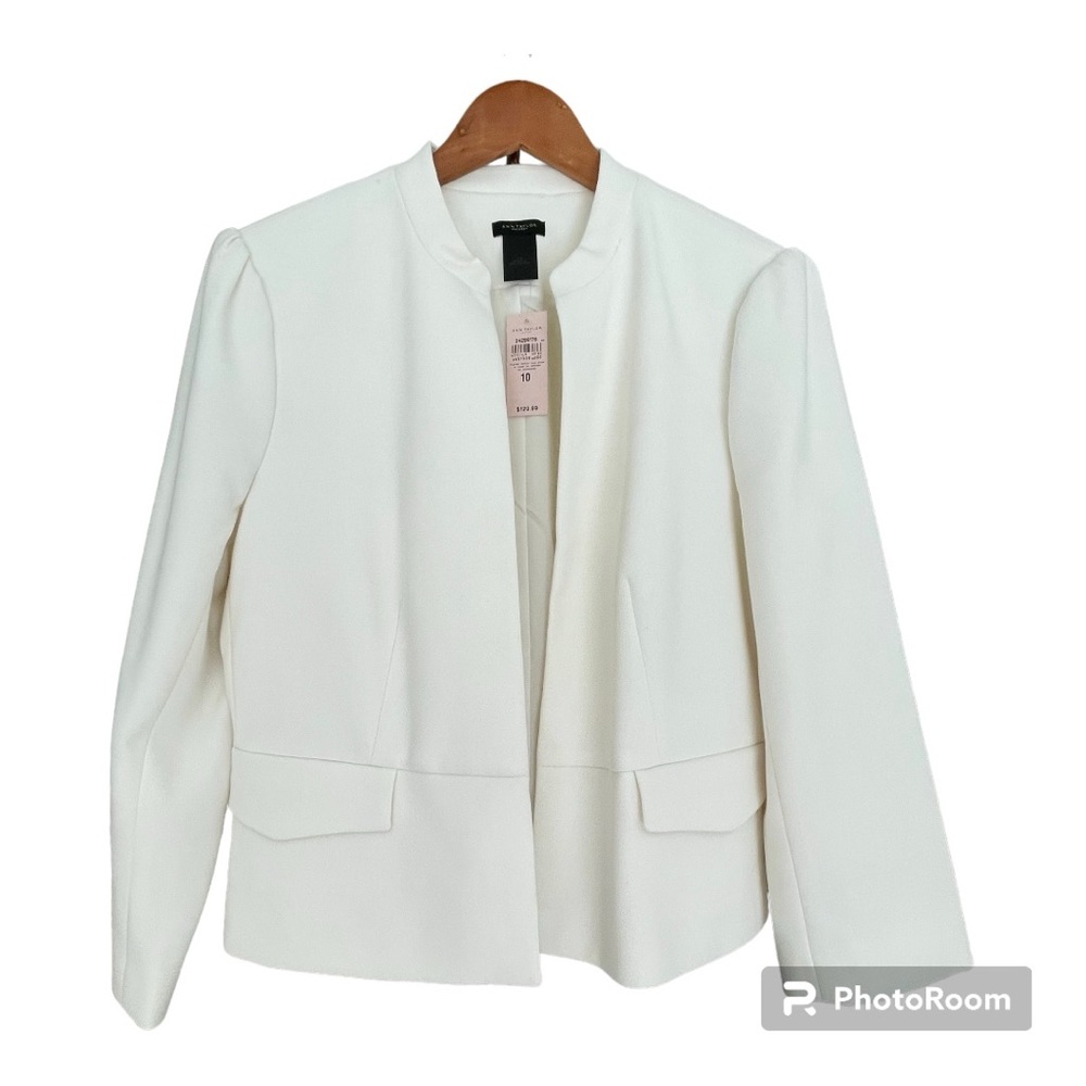 Ann Taylor Factory open front mandarin collar low peplum white blazer